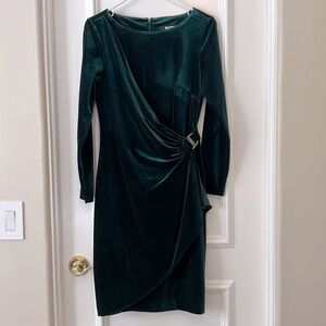 DKNY emerald green velvet cocktail dress with gold detail, size 6